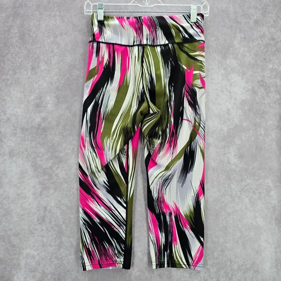 Green Pink Print Capri Cropped Stretch Active Pants Bottoms Leggings M/L - Picture 2 of 6